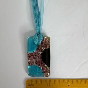 Teal Blue and Black Fused Glass Pendant NWOT